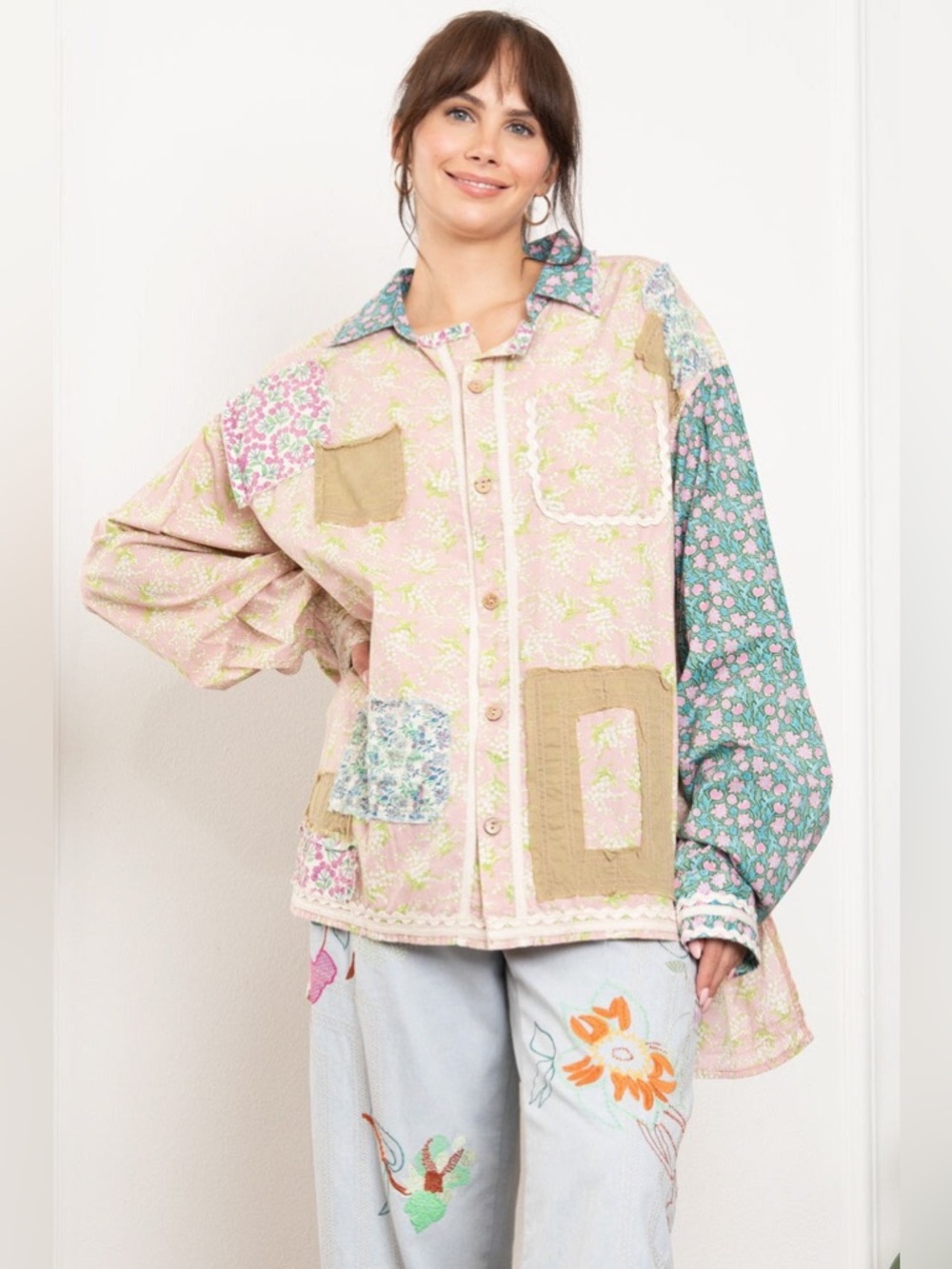 #120 Bluevelvet Patchwork Floral Lightweight Kimono Jacket - Pink Multi